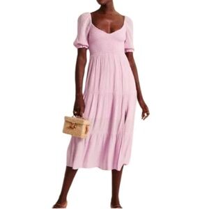 Abercrombie & Fitch purple smocked puff sleeve tiered midi dress ST